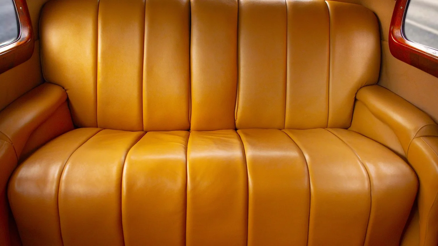 Tan custom leather rear seat inside the 1938 Cadillac
